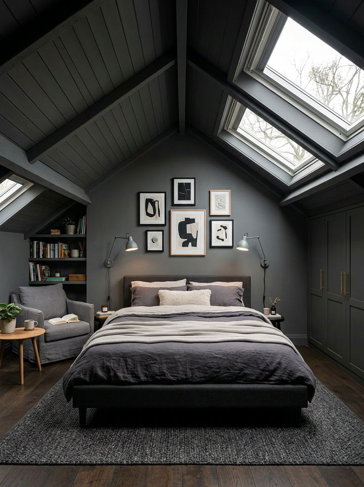 Dark Grey Attic Bedroom - 30 monochrome bedroom ideas