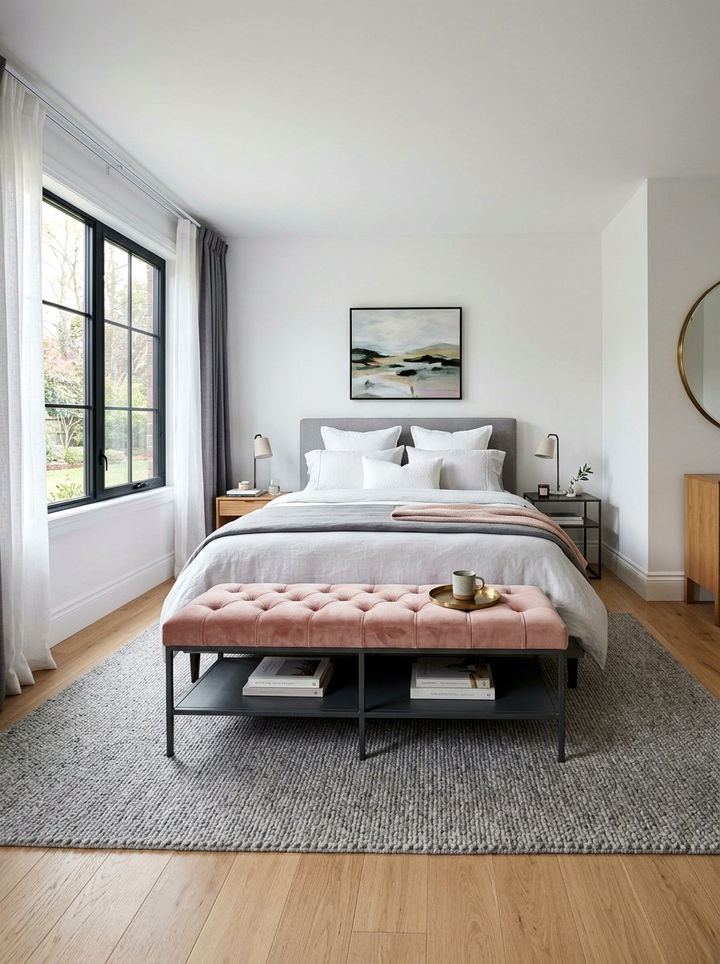 Dark Grey Bench Blush Velvet Seat - 30 charcoal and blush bedroom ideas