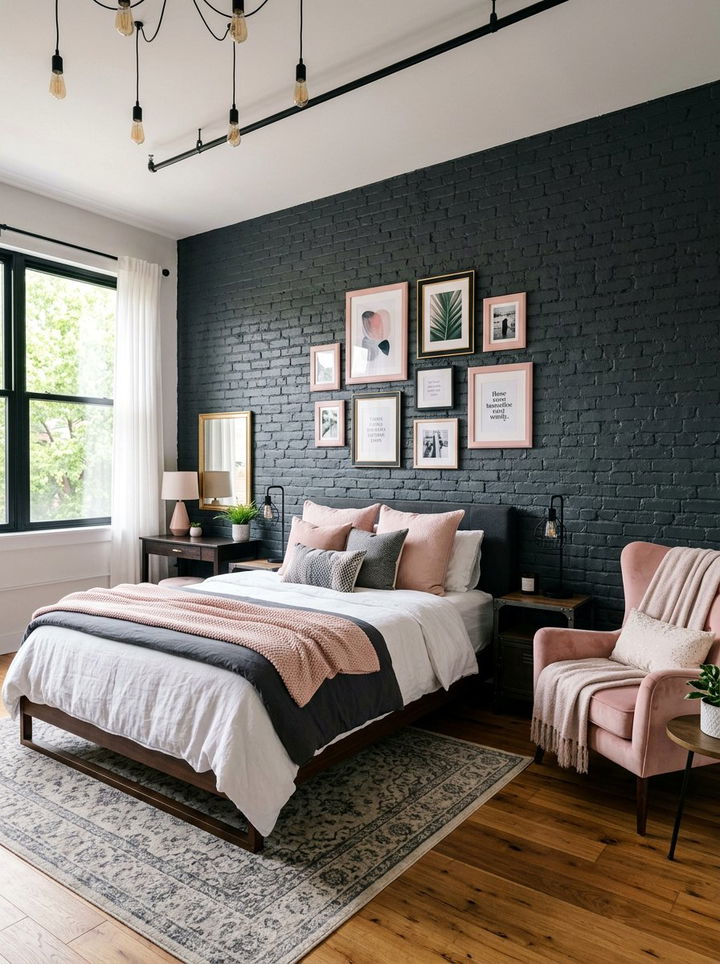 Dark Grey Brick Wall Pink Decor - 30 charcoal and blush bedroom ideas