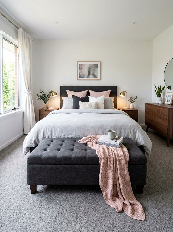 Dark Grey Ottoman Pink Throw Blanket - 30 charcoal and blush bedroom ideas