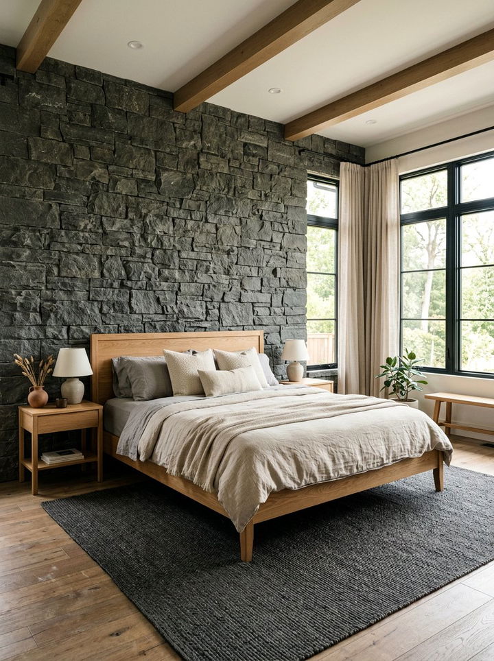 Dark Grey Stone Wall - 30 dark bedroom accent wall ideas