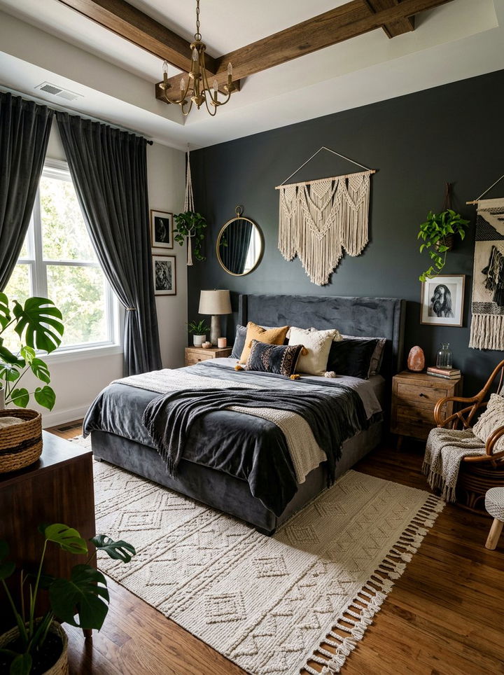 Dark Grey Velvet Bohemian Bedroom - 30 bohemian grey bedroom ideas