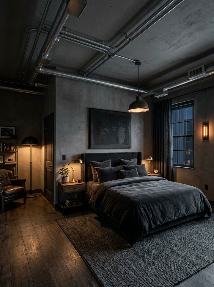 Dark Moody Bedroom - 30 exposed ductwork bedroom ideas