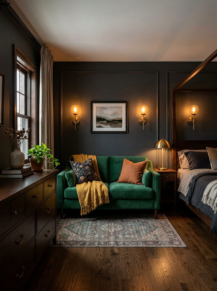 Dark Moody Bedroom With Emerald Loveseat - 30 bedroom loveseats