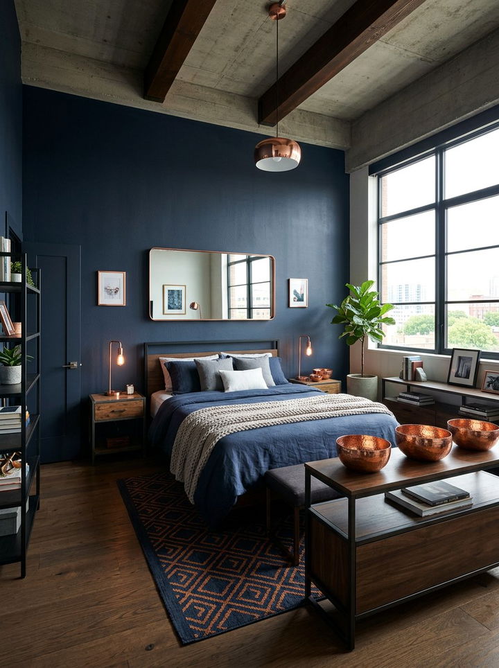 Dark Navy Bedroom Copper Accents - 30 dark navy bedroom ideas