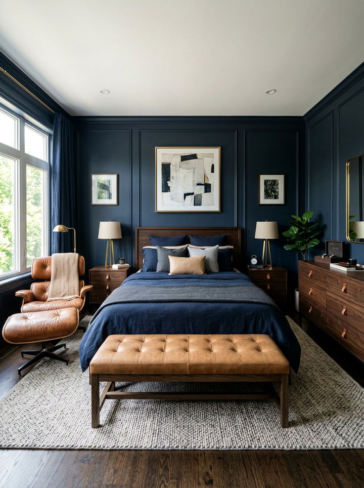 Dark Navy Bedroom Leather Accents