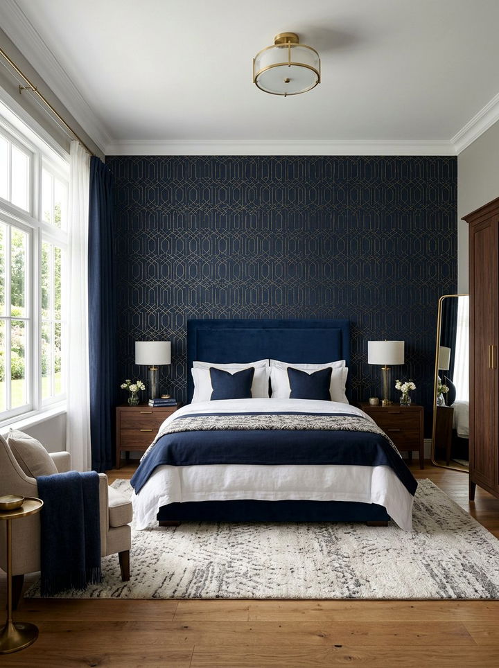 Dark Navy Bedroom Patterned Wallpaper - 30 dark navy bedroom ideas