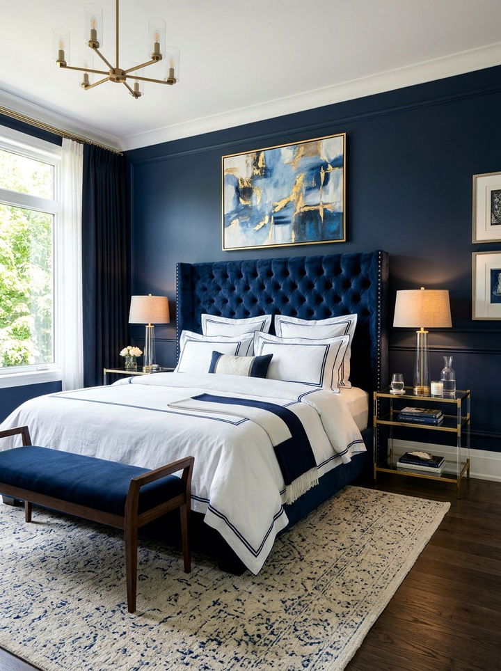 Dark Navy Bedroom Velvet Headboard - 30 dark navy bedroom ideas