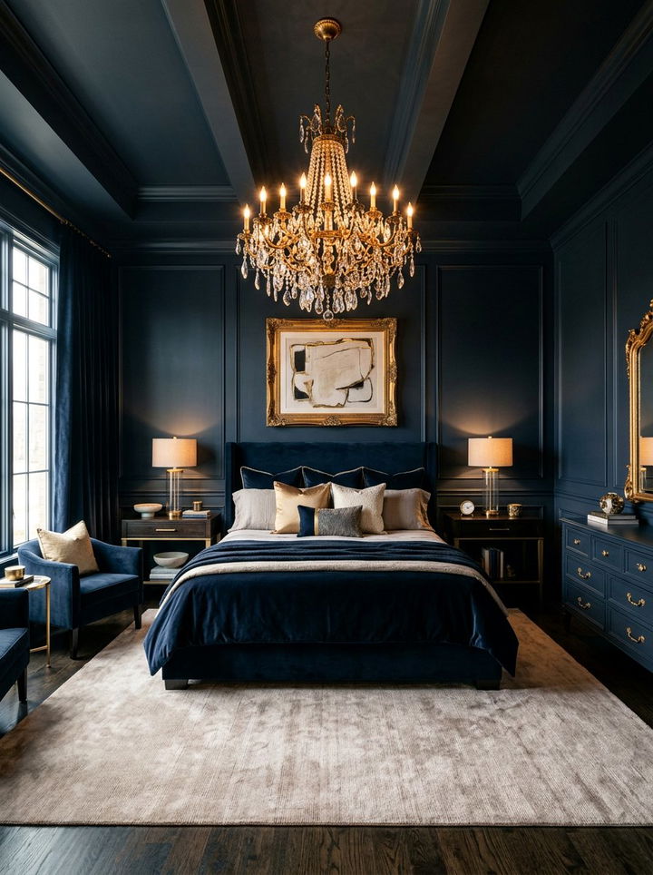 Dark Navy Bedroom With Gold Chandelier - 30 navy and gold bedroom ideas