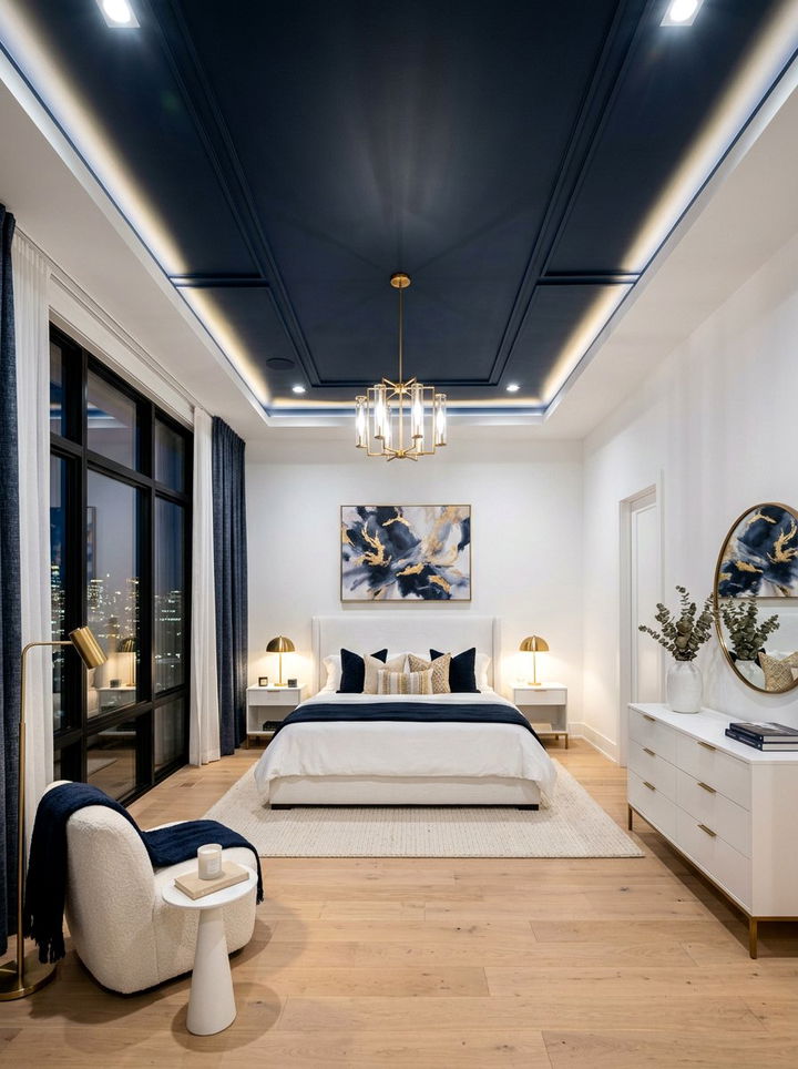 Dark Navy Ceiling - 30 navy and white bedroom ideas