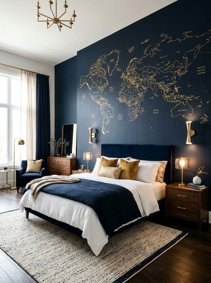 Dark Navy World Map Feature Wall - 30 world map bedroom ideas