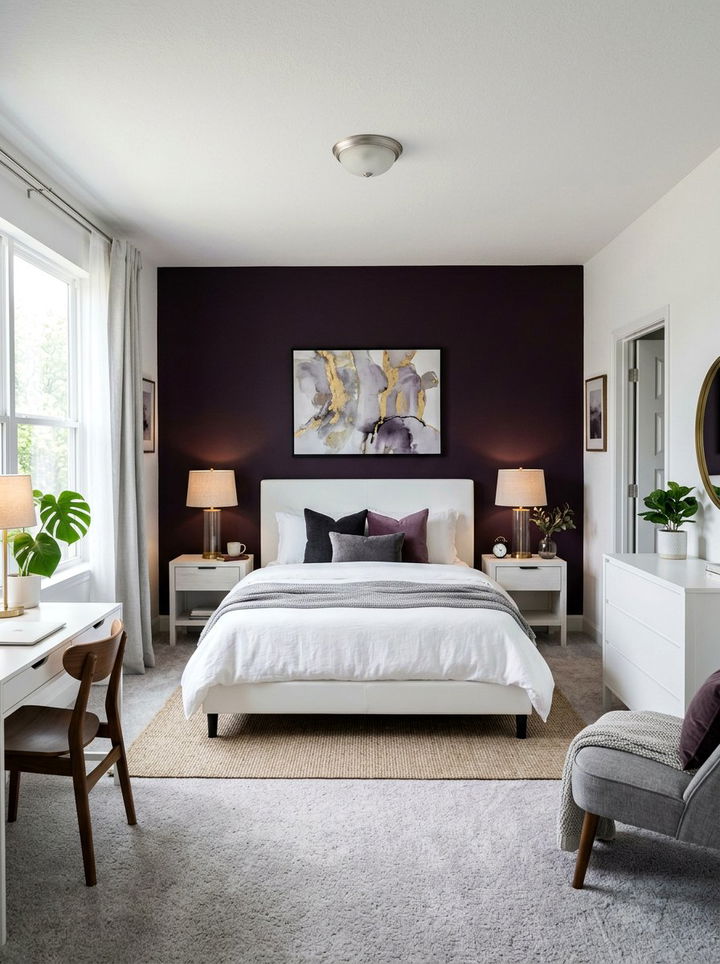 Dark Plum Accent Wall - 30 purple and white bedroom ideas