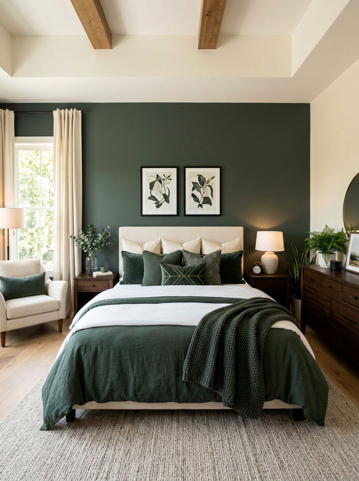 Dark Sage Accent - 30 sage green and cream bedroom ideas