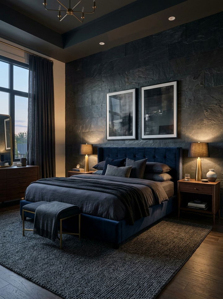 Dark Slate Accent - 30 bedroom stone wall ideas