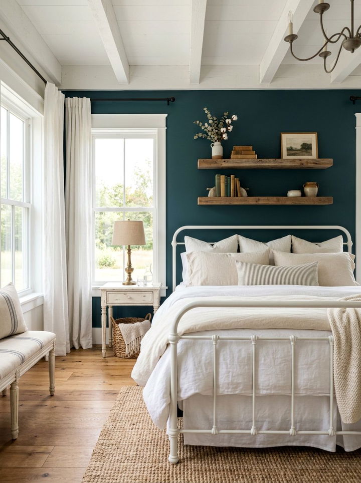 Dark Teal Accent Wall - 30 farmhouse teal bedroom ideas