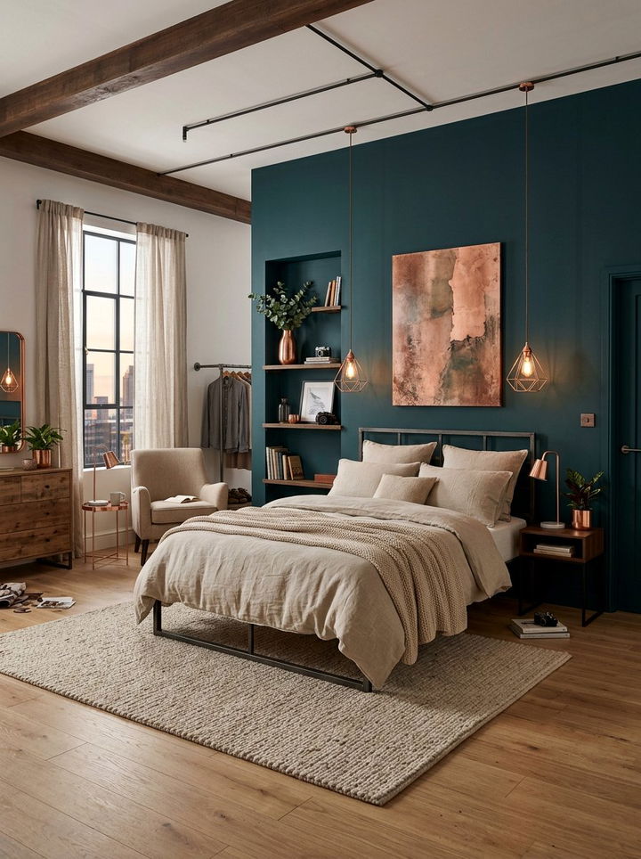 Dark Teal Copper Beige Bedroom - 30 tricolor bedroom ideas