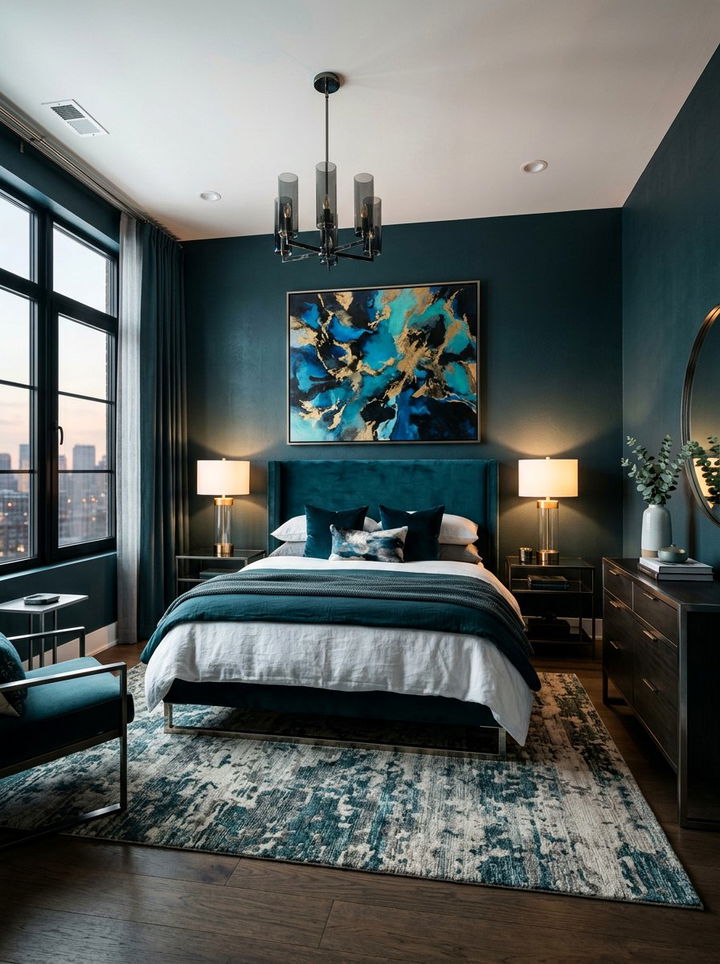 Dark Teal Modern Bedroom - 30 cool blue bedroom ideas