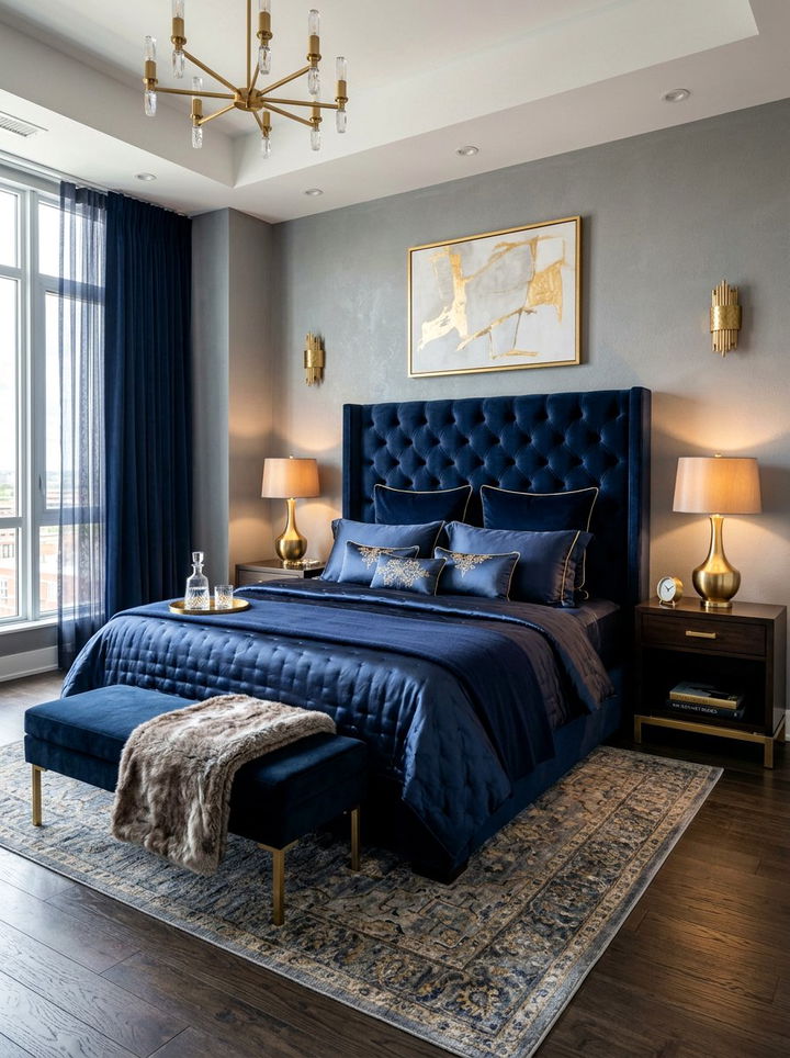 Dark Velvet Headboard - 30 bedroom bed styling ideas