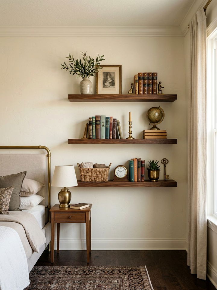 Dark Wood Floating Shelves - 30 bedroom wall shelving ideas