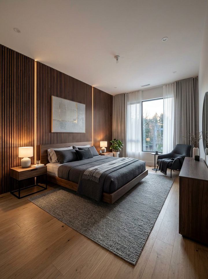 Dark Wood Slat Wall - 30 bedroom accent wall ideas