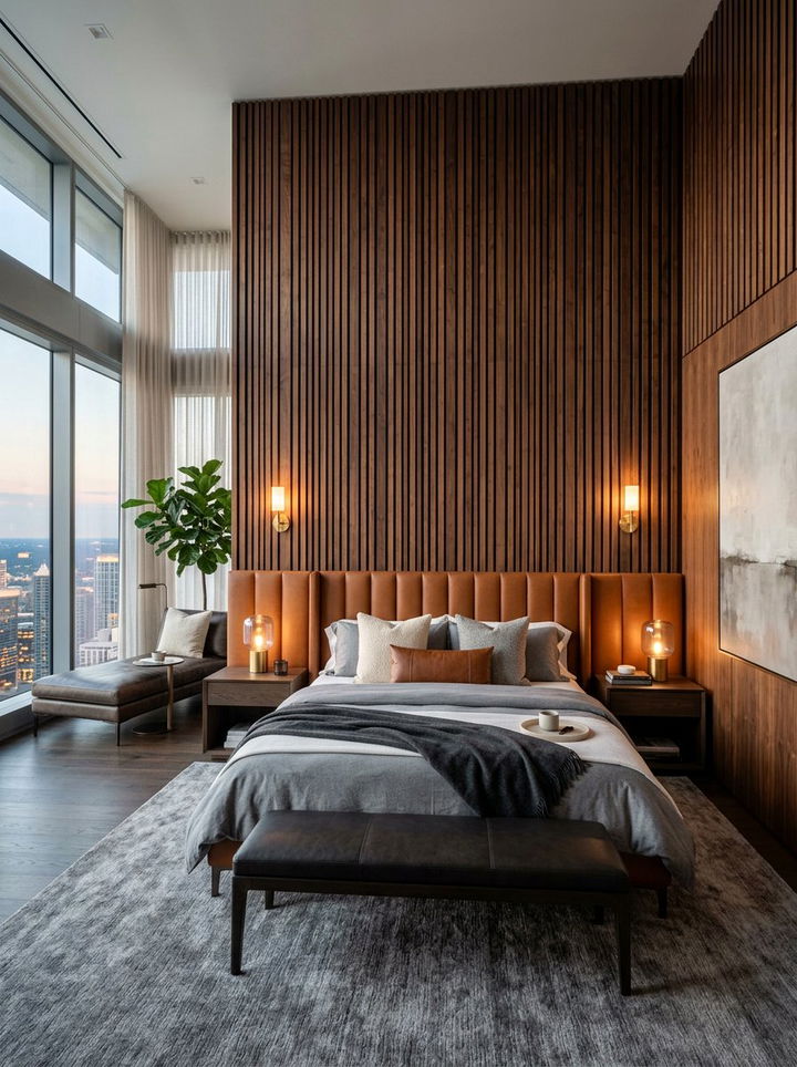 Dark Wood Wall Panel - 30 penthouse bedroom ideas