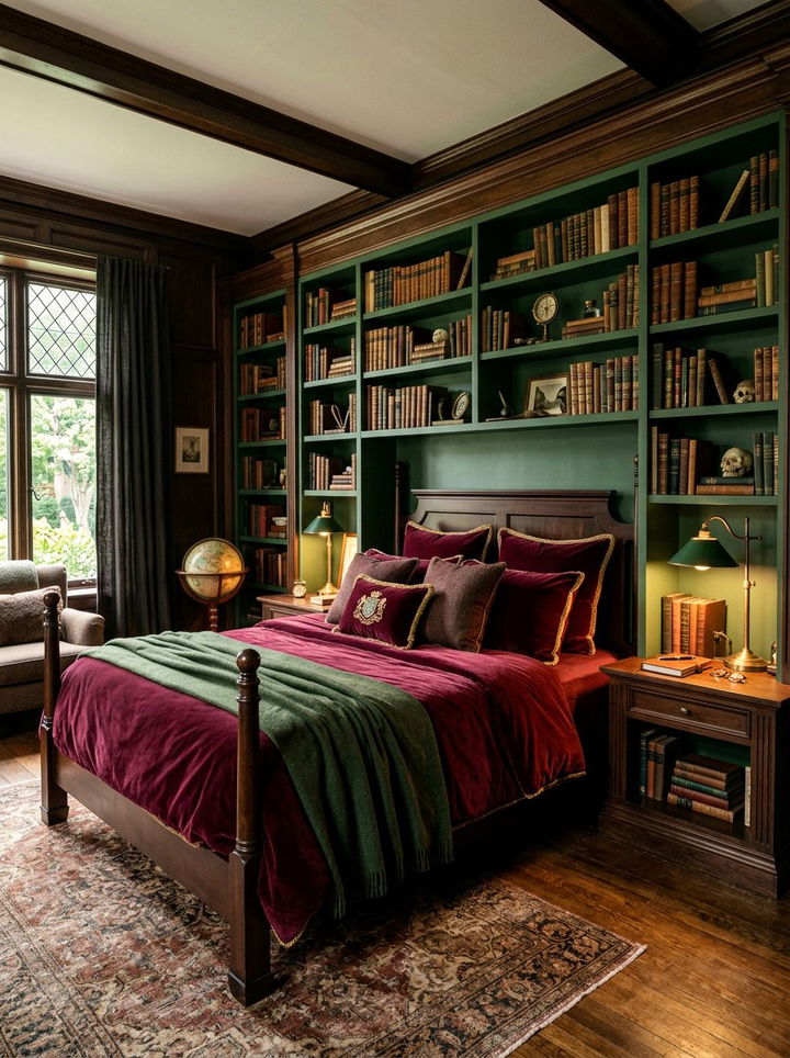 Dark academia moody headboard - 30 bedroom bookcase headboards