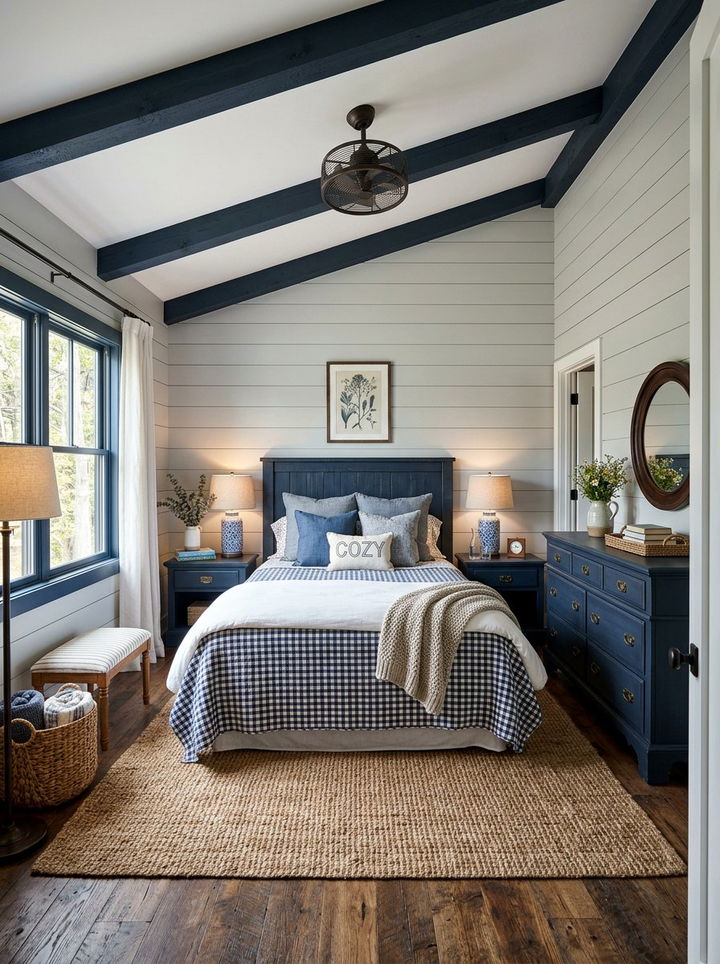 Dark blue and light gray farmhouse bedroom - 30 blue and gray bedroom ideas