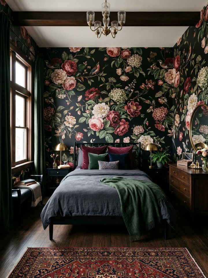 Dark floral wallpaper bedroom - 30 moody bedroom ideas