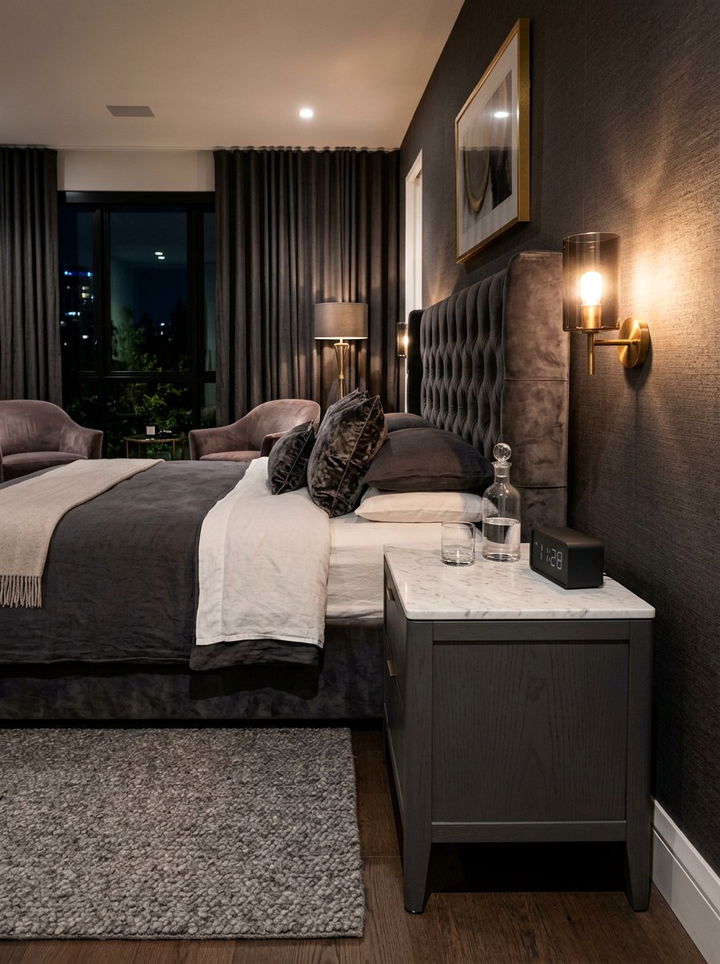 Dark gray nightstand marble top - 30 bedroom gray furniture ideas