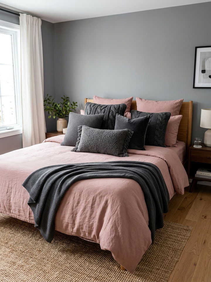 Dark gray textured pillows - 30 dusty rose and gray bedroom ideas