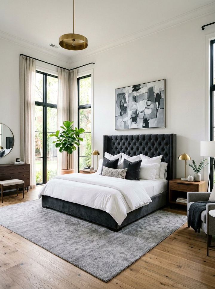 Dark gray velvet bed - 30 bedroom gray furniture ideas