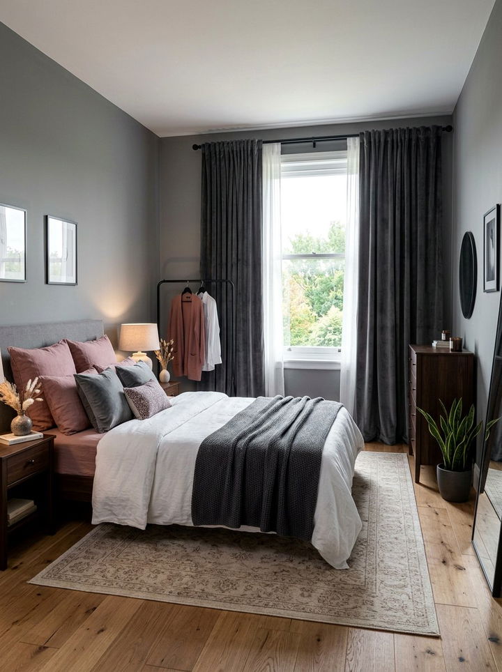 Dark gray velvet curtains - 30 dusty rose and gray bedroom ideas
