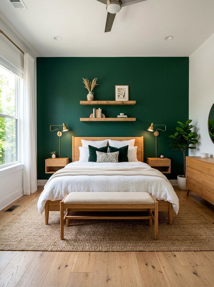 Dark green accent wall - 30 emerald green bedroom ideas