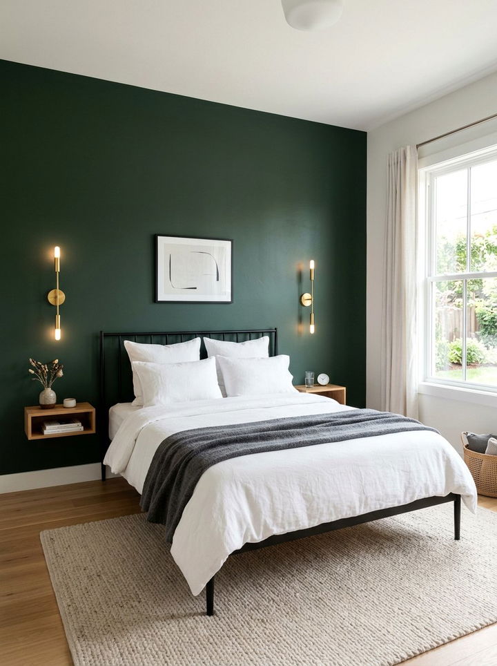 Dark green accent wall - 30 minimalist green bedroom ideas