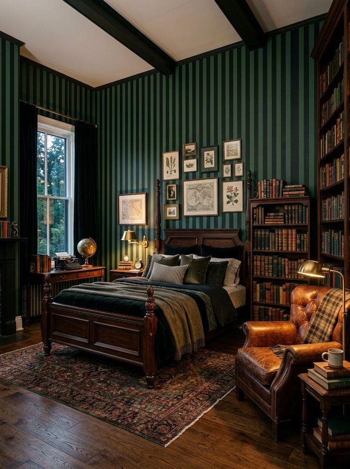 Dark green and black vertical stripes - 30 bedroom striped wall ideas