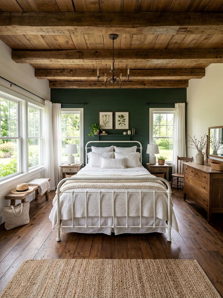 Dark green farmhouse bedroom - 30 green and white bedroom ideas