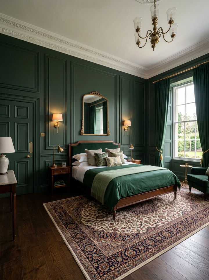 Dark green paneled walls - 30 traditional green bedroom ideas