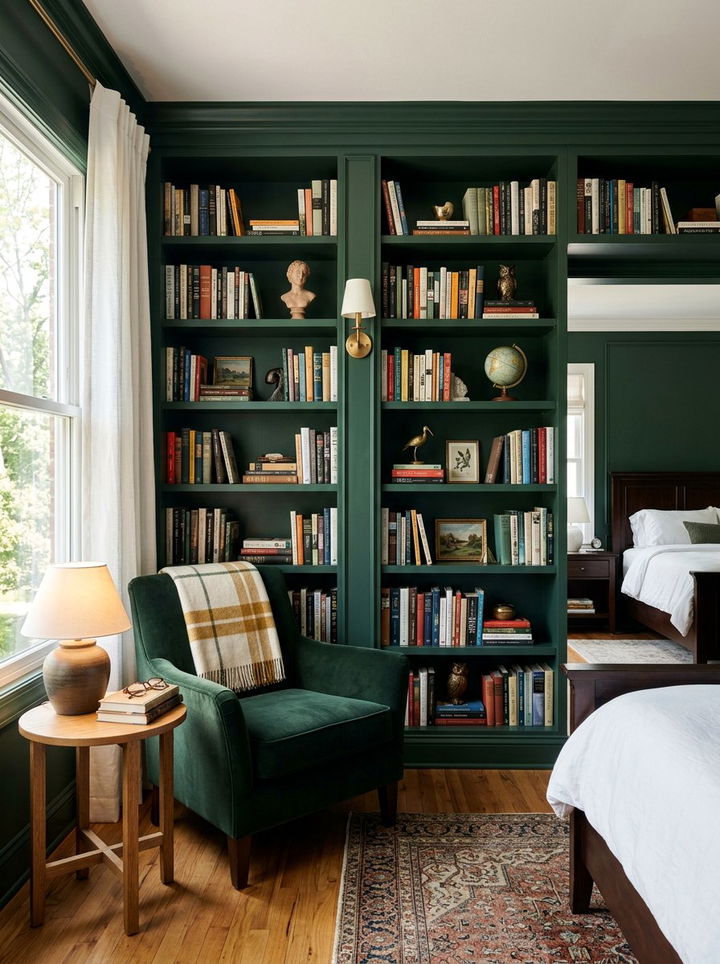 Dark green wall and built in bookshelves - 30 forest green accent wall bedroom