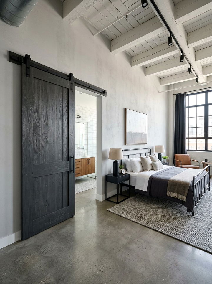 Dark grey barn door bedroom - 30 rustic grey bedroom ideas