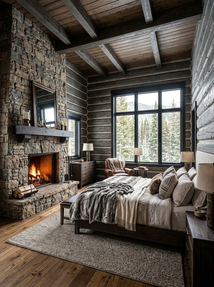 Dark grey log cabin bedroom - 30 rustic grey bedroom ideas