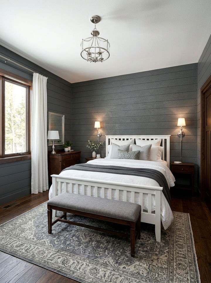 Dark grey shiplap walls - 30 traditional grey bedroom ideas