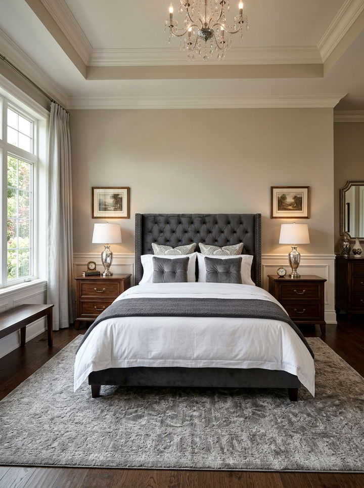 Dark grey tufted headboard - 30 traditional grey bedroom ideas