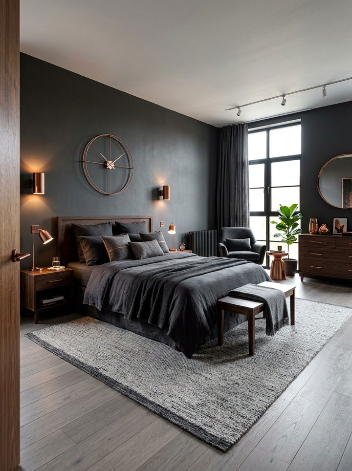 Dark grey walls with copper accents - 30 copper accent bedroom ideas