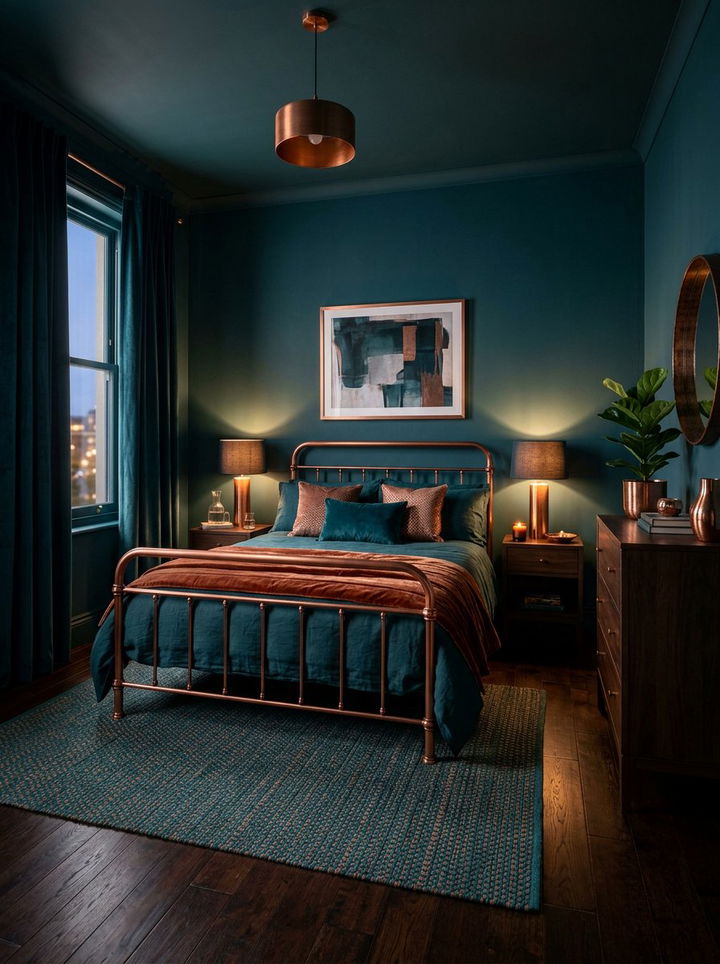 Dark moody teal and copper orange bedroom - 30 teal and orange bedroom color combo
