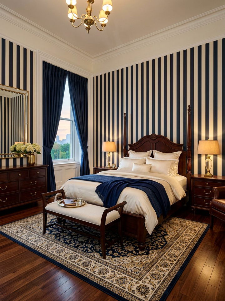Dark navy and cream stripes - 30 bedroom striped wall ideas