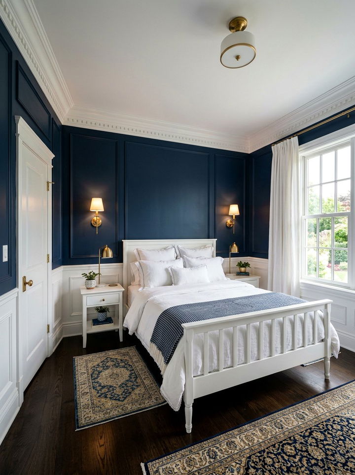Dark navy blue walls white trim - 30 traditional blue bedroom ideas