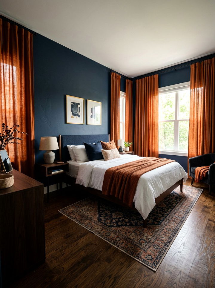Dark navy walls with burnt orange curtains - 30 burnt orange and navy bedroom ideas
