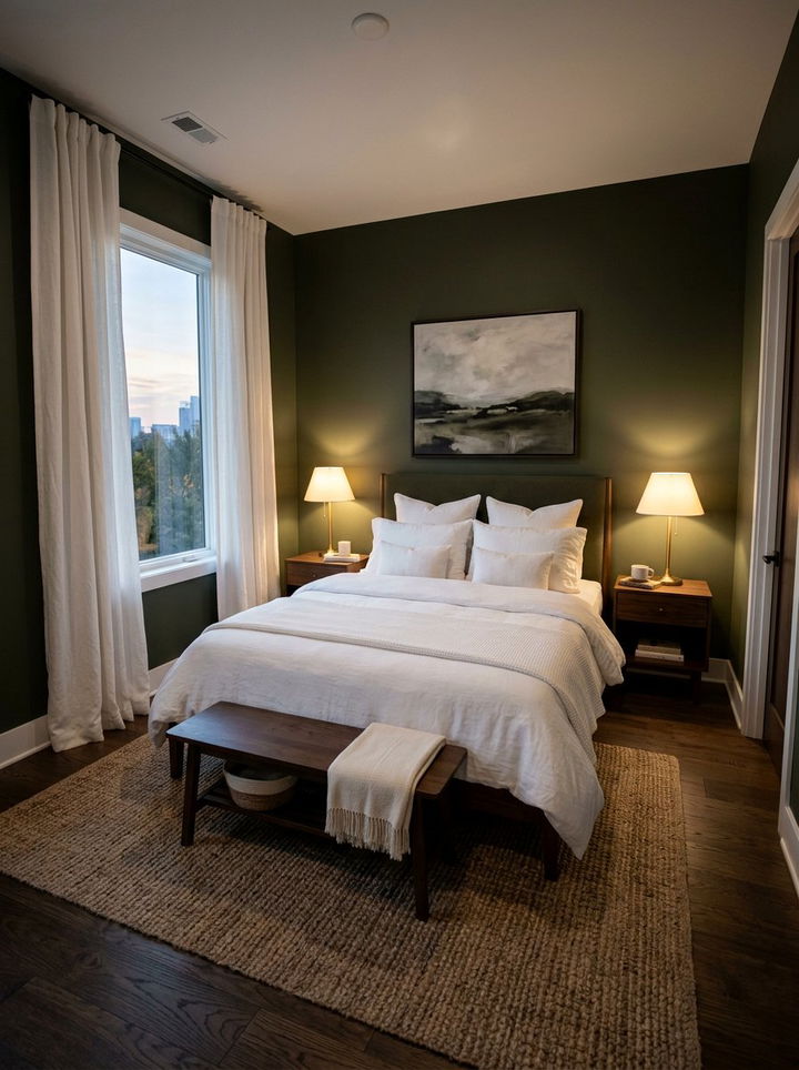 Dark olive moody bedroom - 30 green and white bedroom ideas