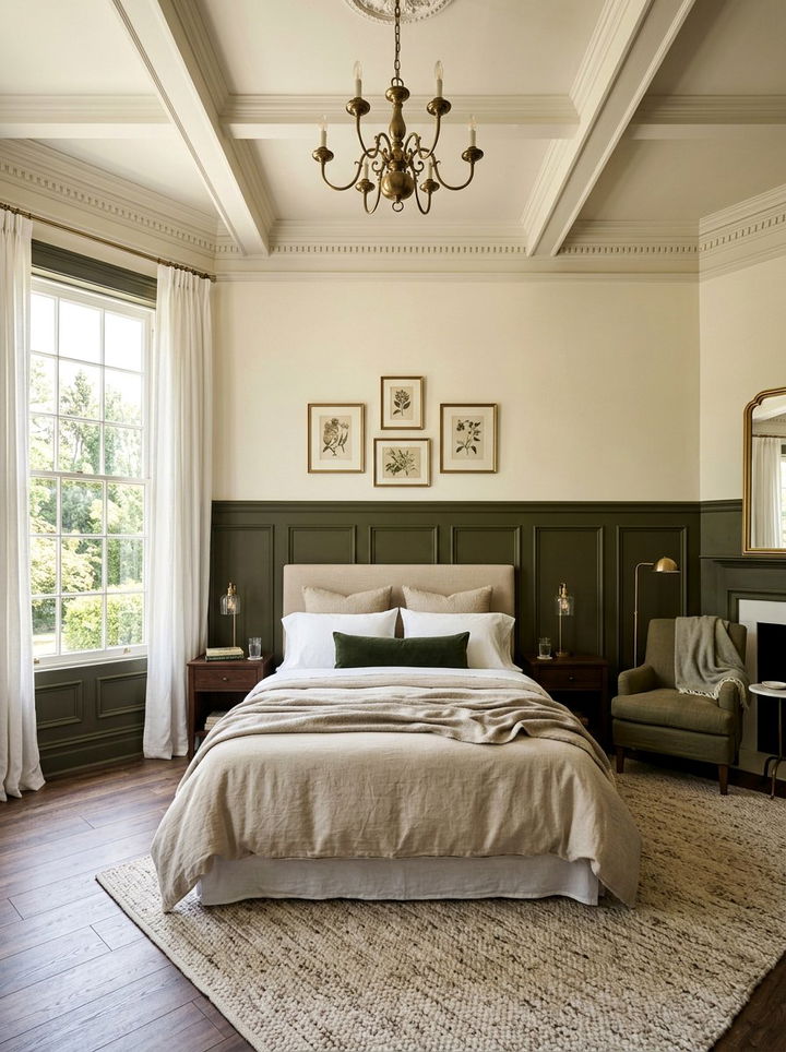Dark olive paneled walls - 30 olive and cream bedroom ideas