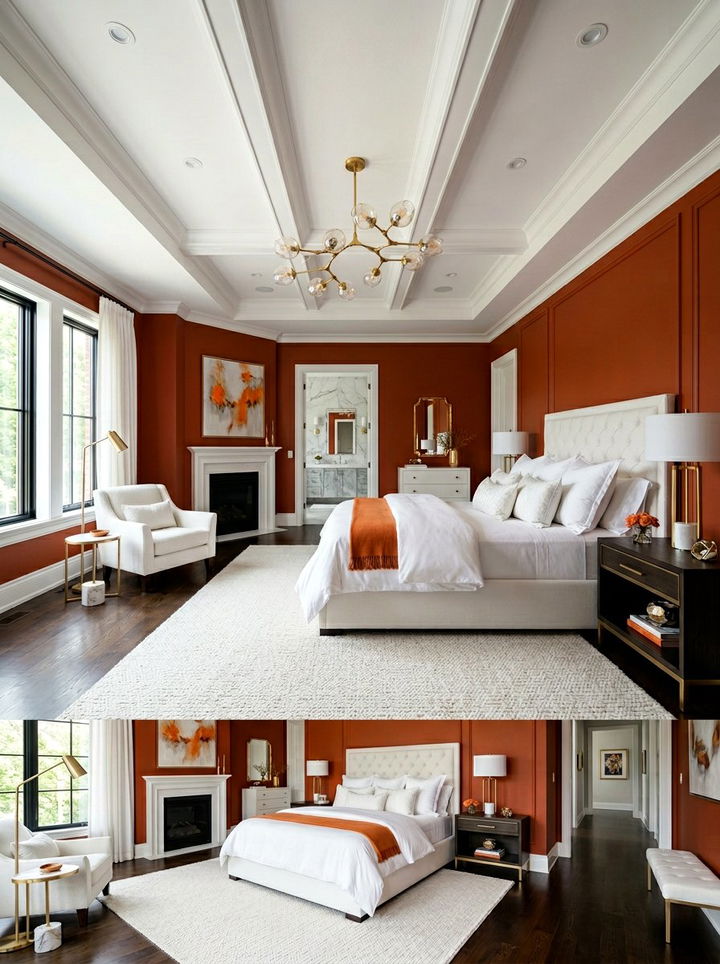 Dark orange and white master suite - 30 orange and white bedroom ideas